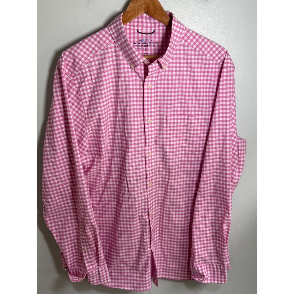 Vineyard Vines Mens On-The-Go Performance Gingham Shirt Pink White brrr L